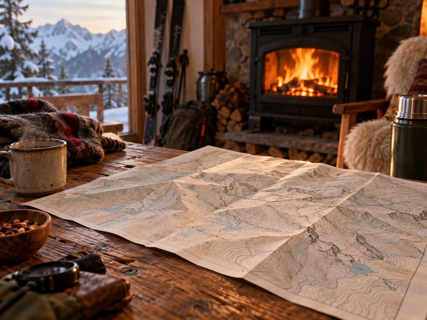 暖炉のある山小屋で、机に広げた地図を眺める時間