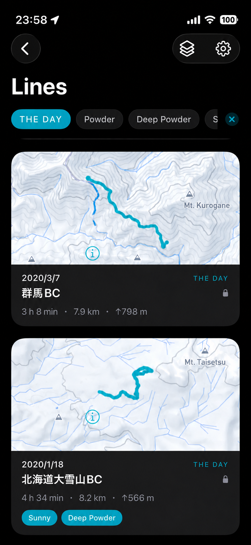 DropLineのLines画面 — 地図と軌跡、日付、距離、標高とともに山の記録が並ぶ