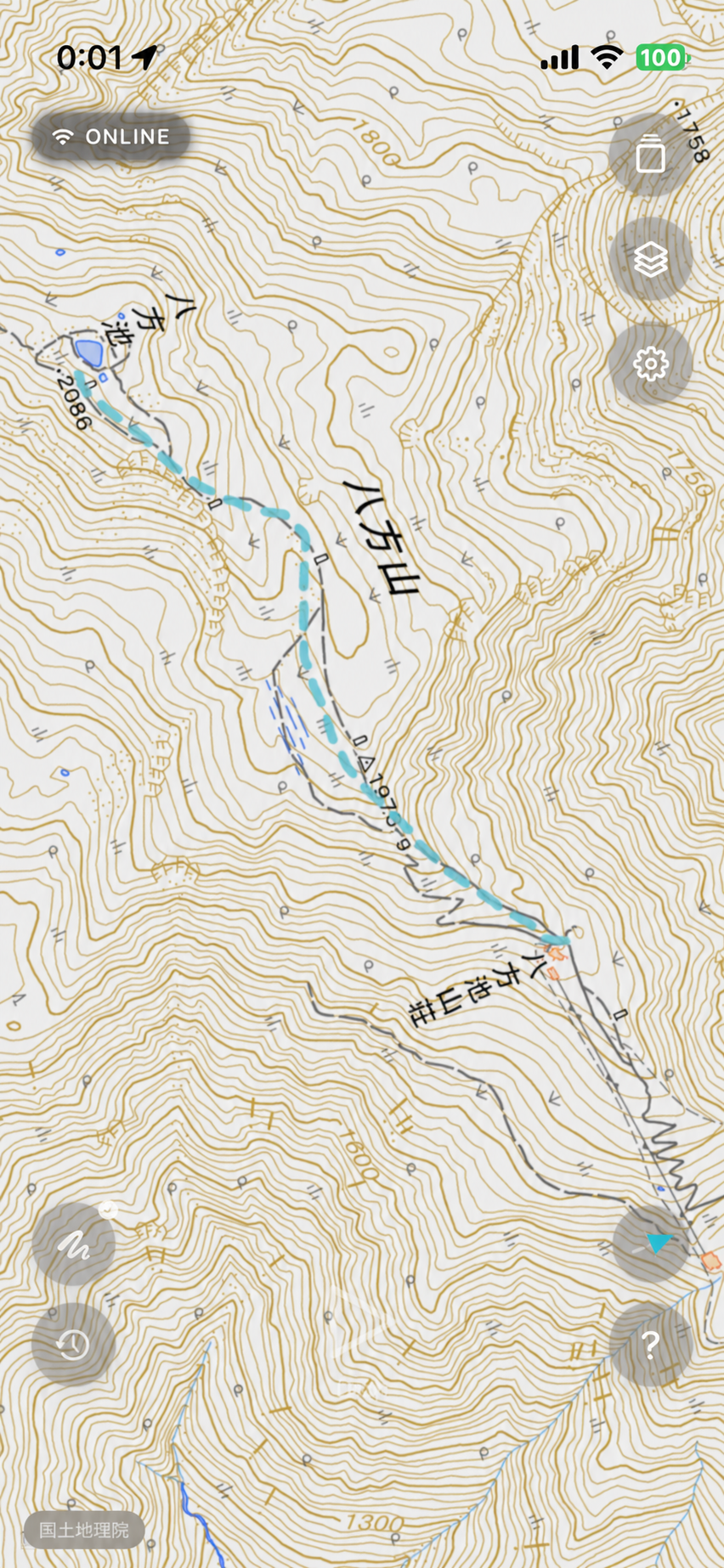 DropLineのPlanned Line画面 — 八方山周辺の地形図に描かれた青い予定ライン