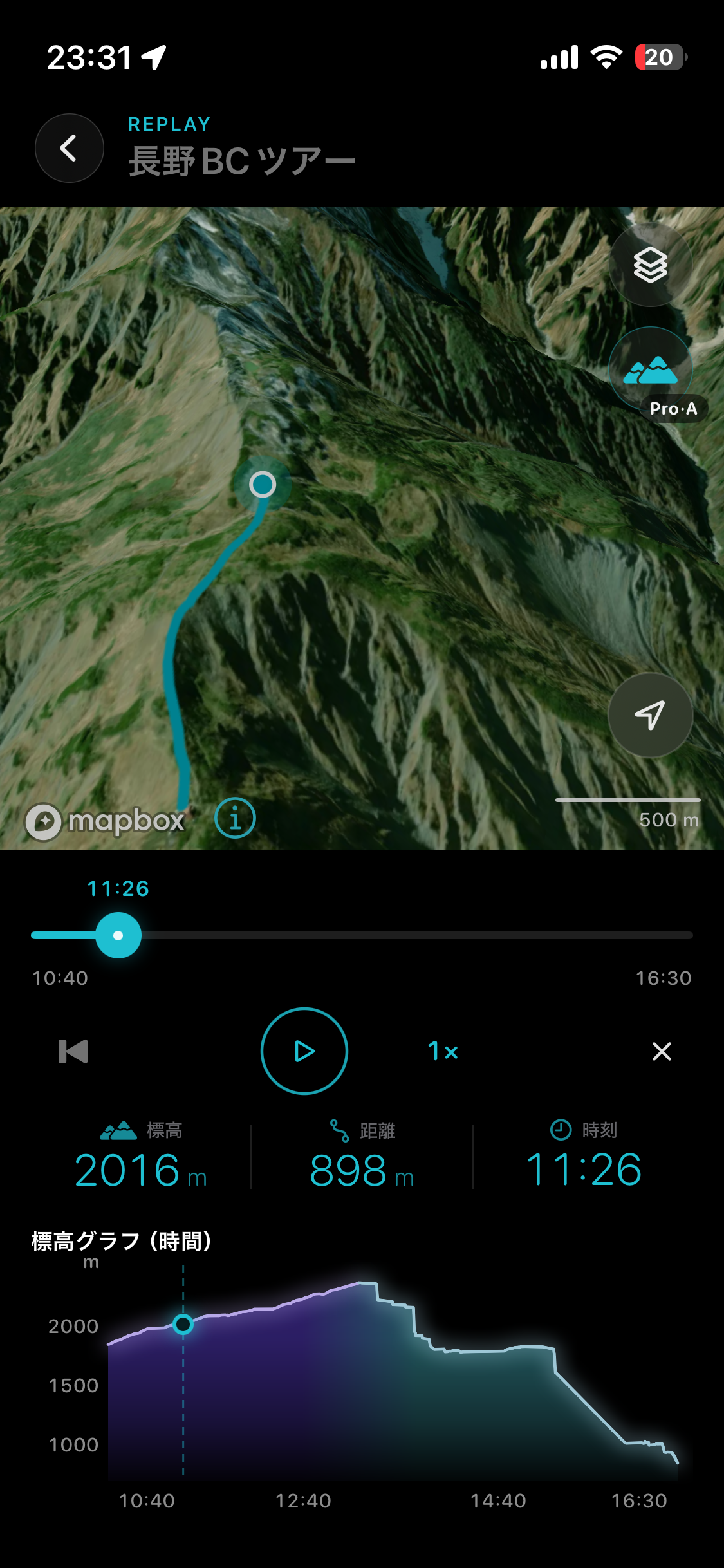 DropLineの3D Replay画面 — 立体的な山の地形と青い軌跡、再生位置、標高グラフ